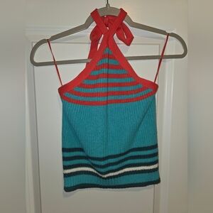 Zara Red and Teal Striped Halter Top